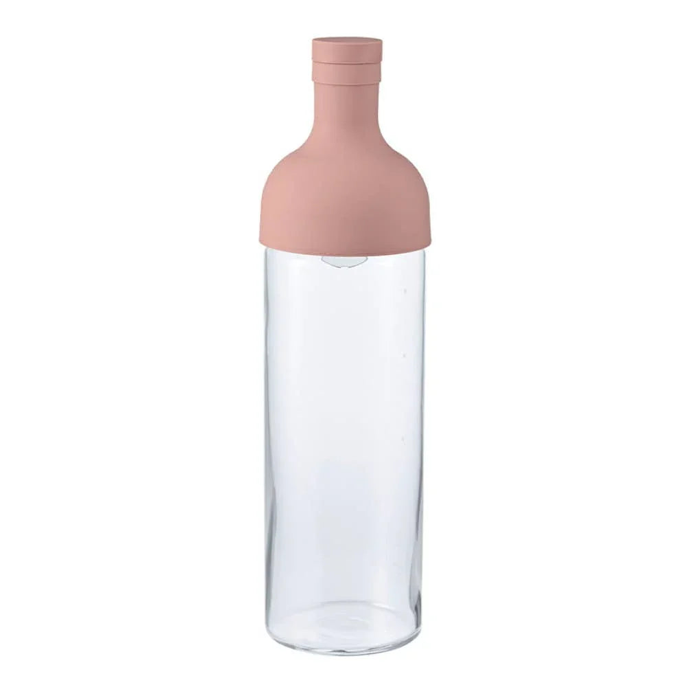 doorzichtige waterfles met roze siliconen dop op witte achtergrond