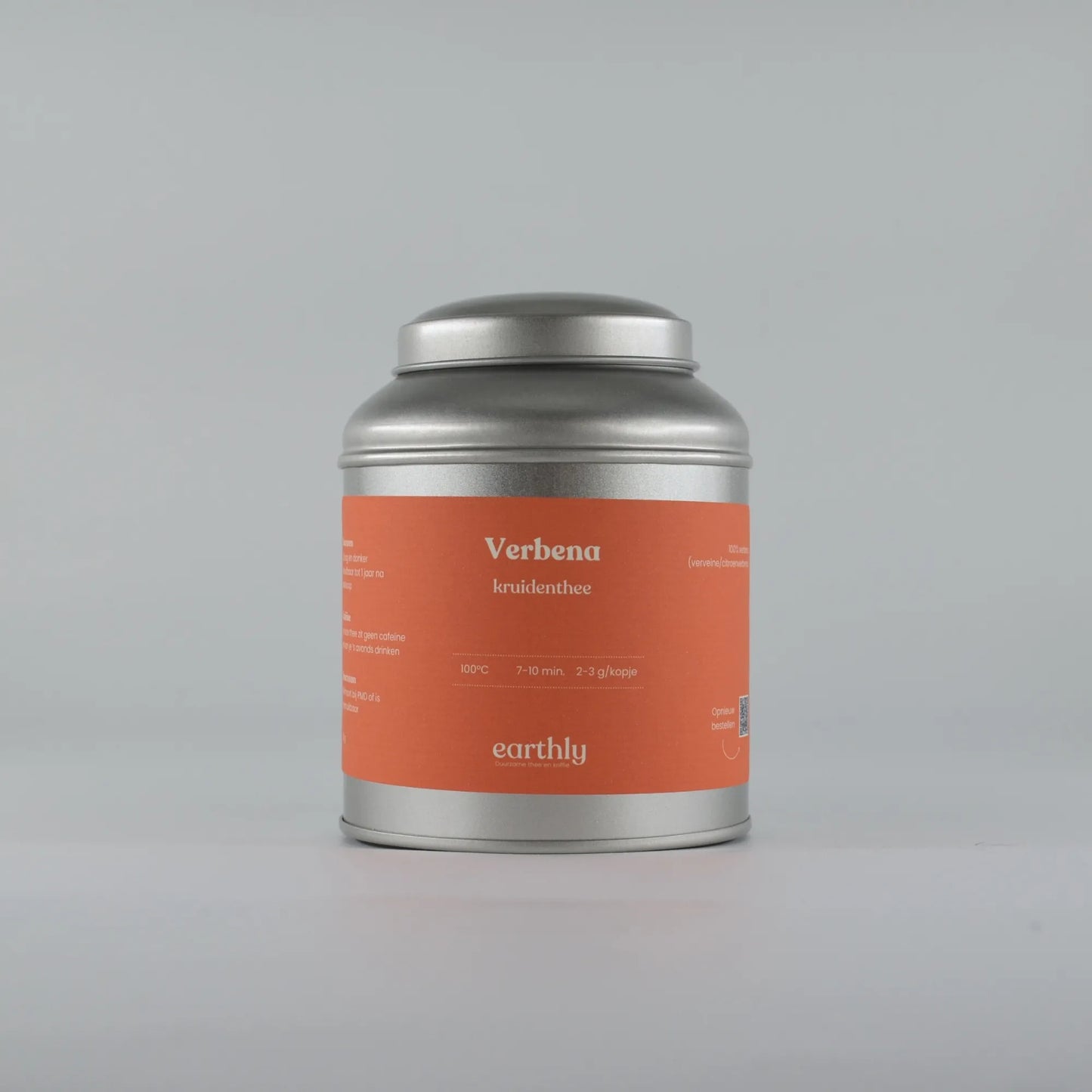 Metalen theeblik met oranje label voor verbena kruidenthee van Earthly
