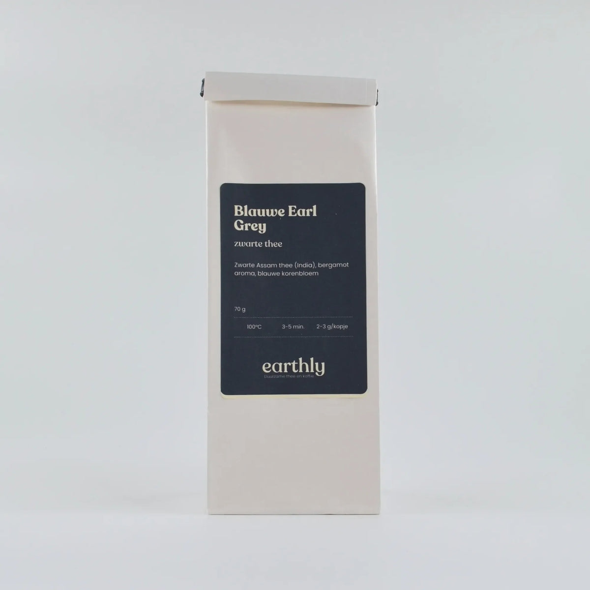 Witte verpakking met Blauwe Earl Grey zwarte thee van earthly, 70g, met Assam thee en bergamot aroma