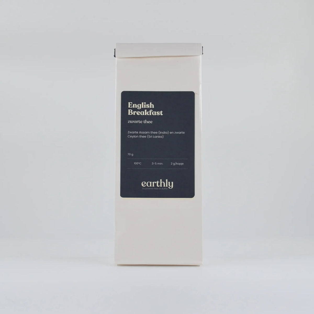 Zakje Engelse Breakfast zwarte thee van Earthly, 70g, zwarte Assam en Ceylon thee