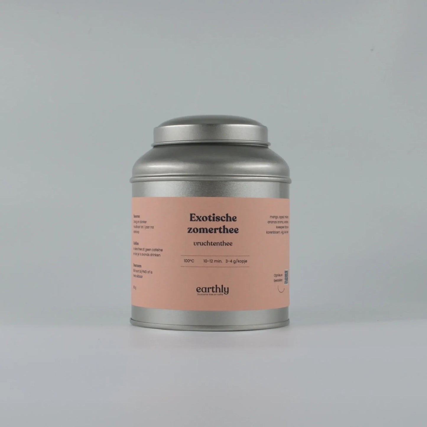 Zilveren theeblik met label Exotic zomer thee vruchten thee van Earthly