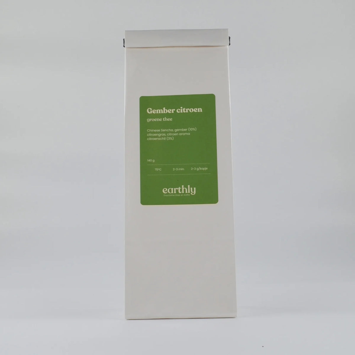 Witte verpakking groene thee met gember en citroen, Earthly merk, 140g zak