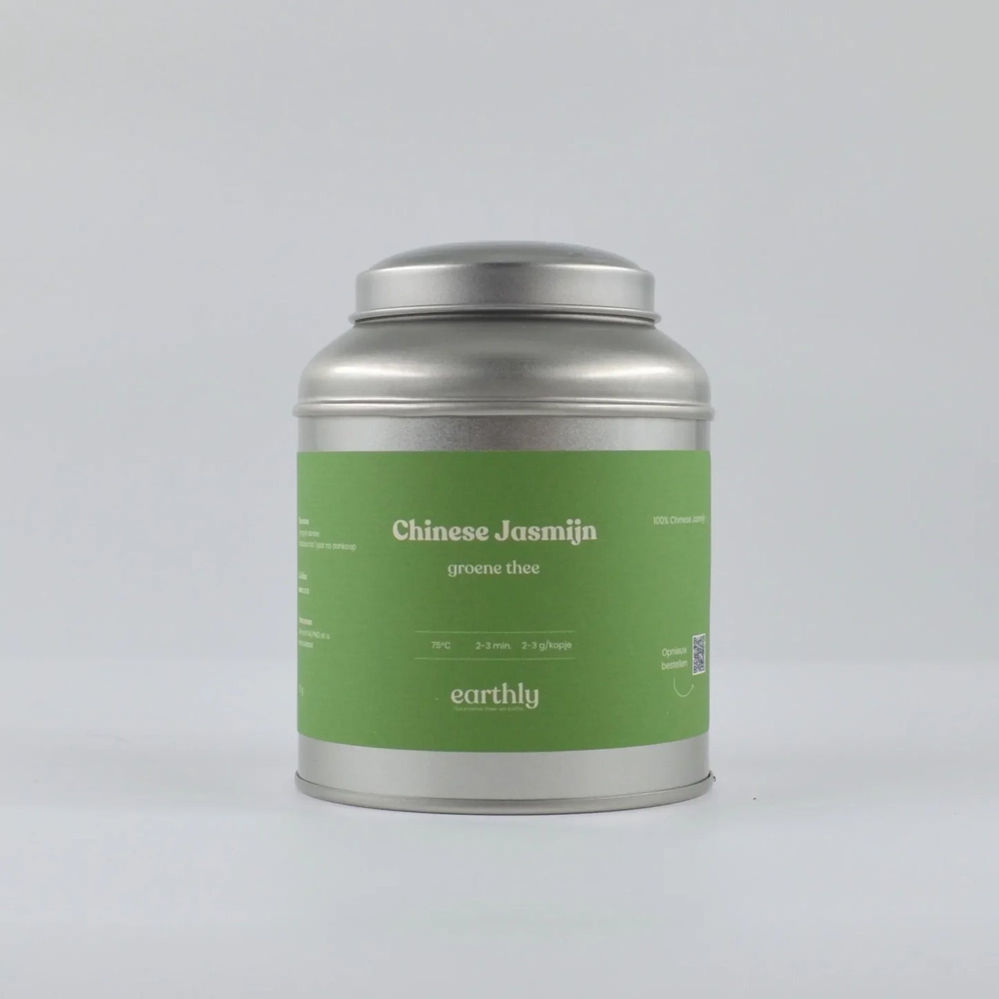 Zilverkleurig theeblik met groene label Chinese Jasmijn groene thee van Earthly