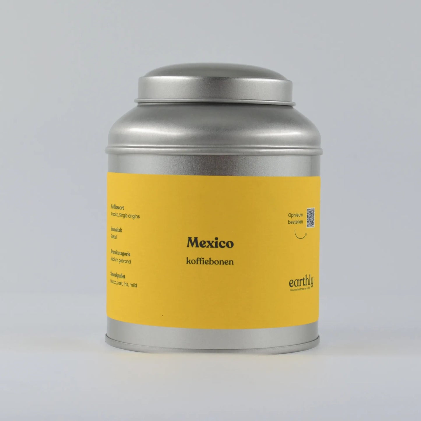 Zilver koffiebus met geel etiket met tekst Mexico koffiebonen, medium gebrand, Arabica