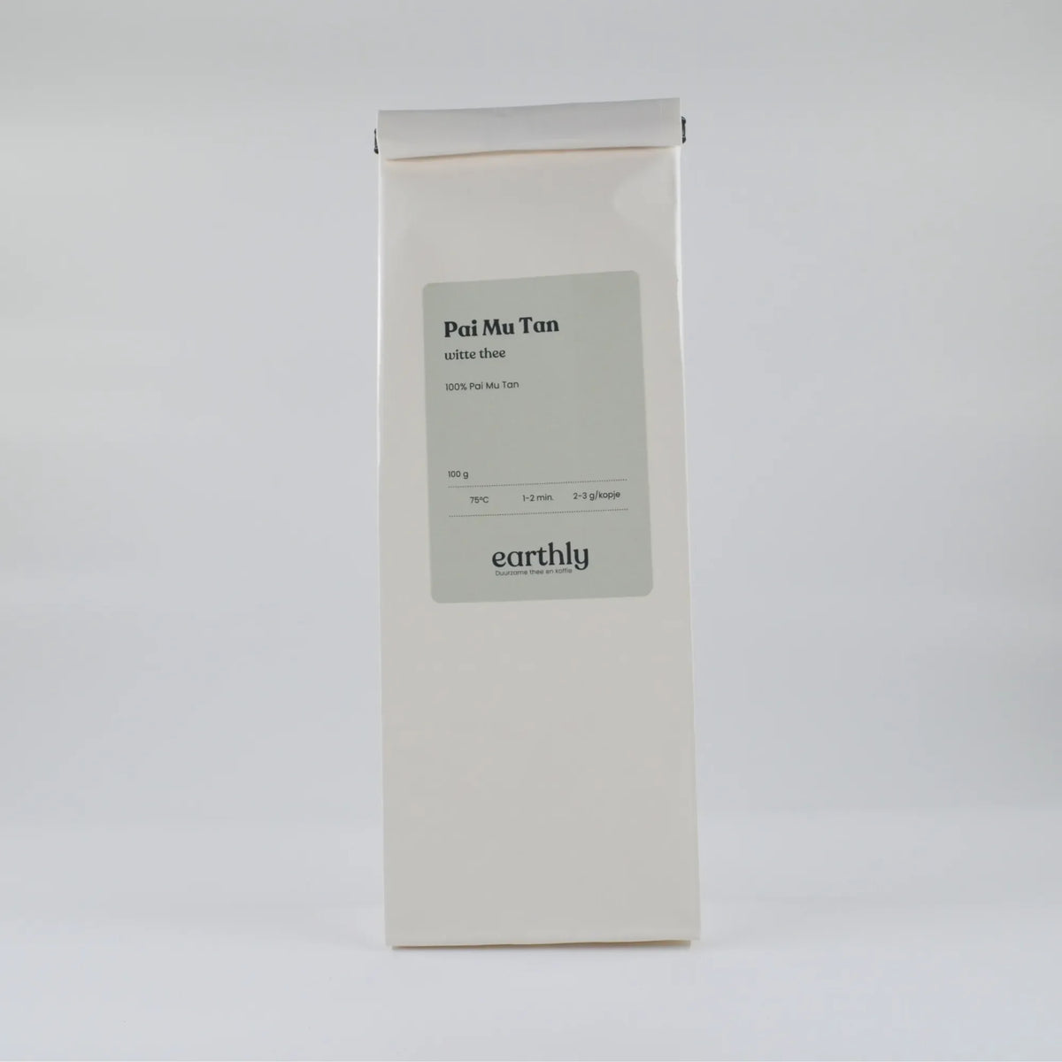 Witte thee Pai Mu Tan verpakking 100g van Earthly met zetinstructies