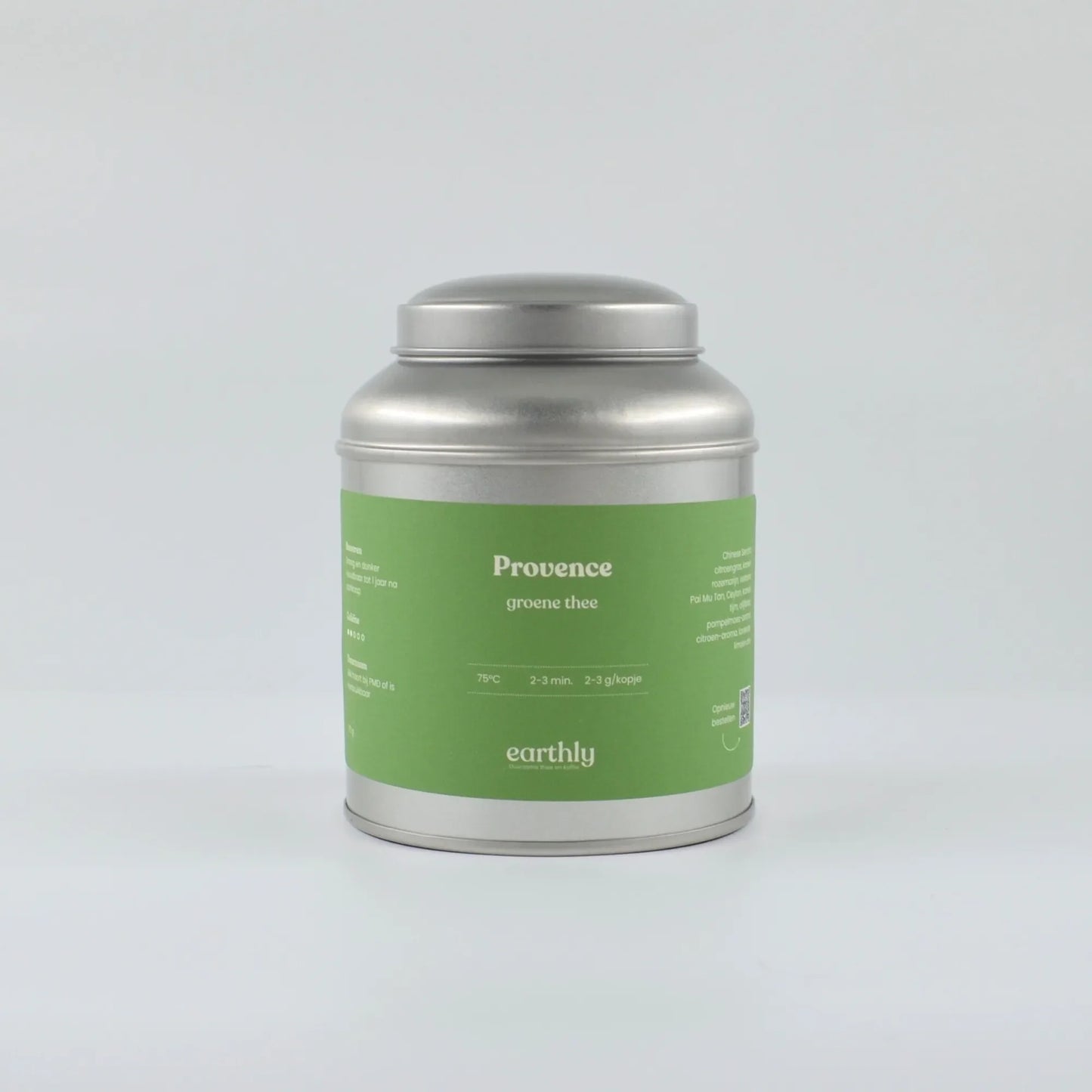Zilverkleurig theeblik met groene etikettering 'Provence groene thee' van Earthly