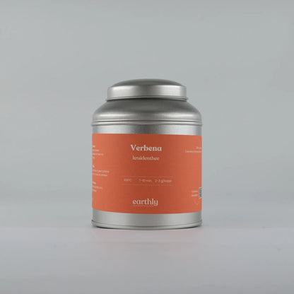 Metalen theeblik met oranje label voor verbena kruidenthee van Earthly