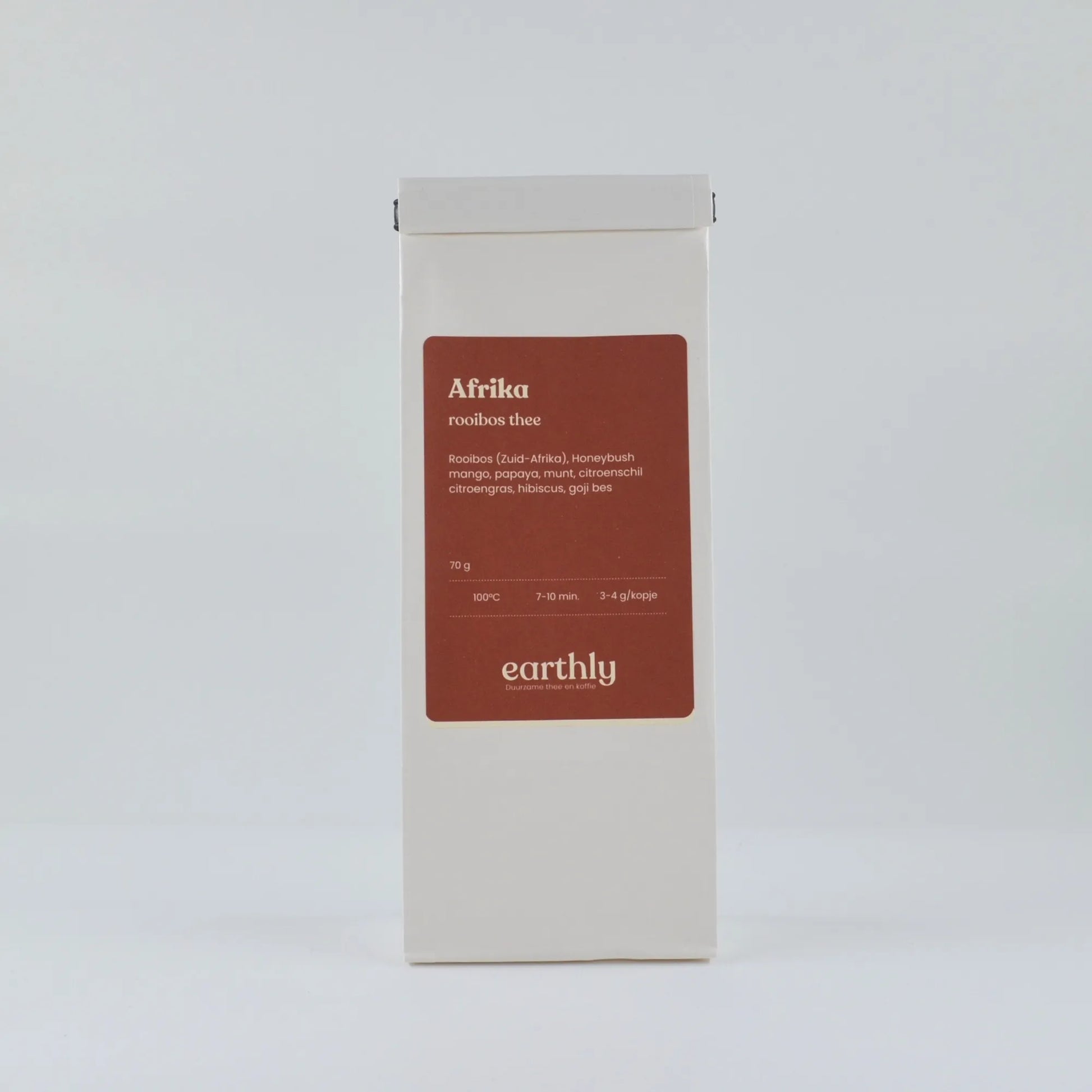Earthly Afrika rooibos thee verpakking met ingrediënten en zetinstructies