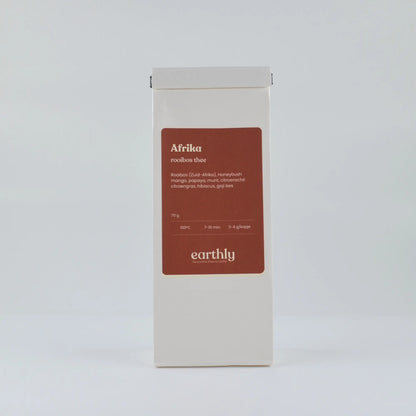 Earthly Afrika rooibos thee verpakking met ingrediënten en zetinstructies