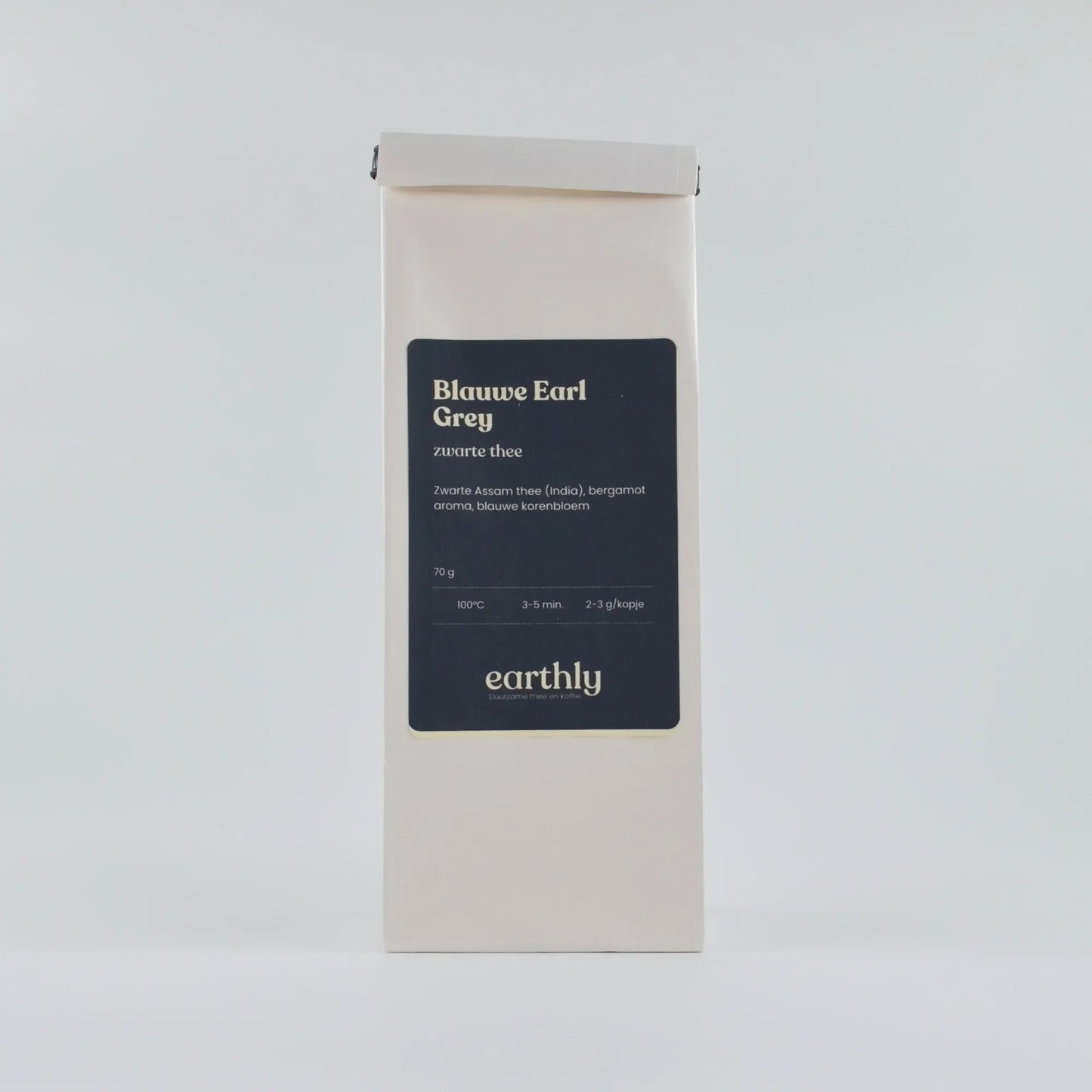 Witte verpakking met Blauwe Earl Grey zwarte thee van earthly, 70g, met Assam thee en bergamot aroma