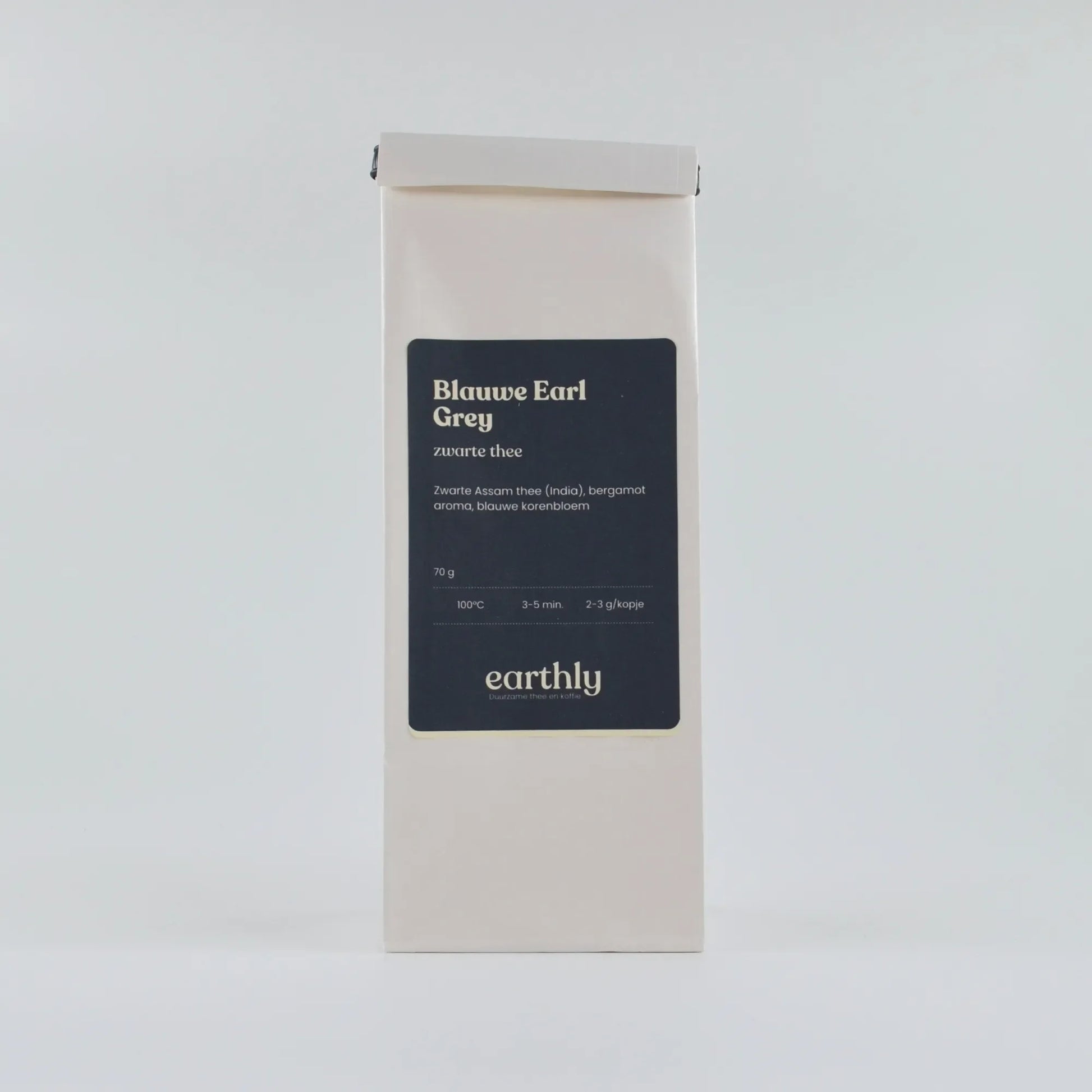 Witte verpakking met Blauwe Earl Grey zwarte thee van earthly, 70g, met Assam thee en bergamot aroma