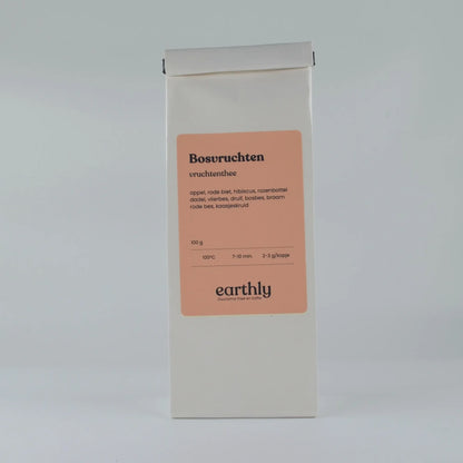 Witte verpakking bosvruchten vruchtenthee van Earthly met ingrediënten en zetinstructies