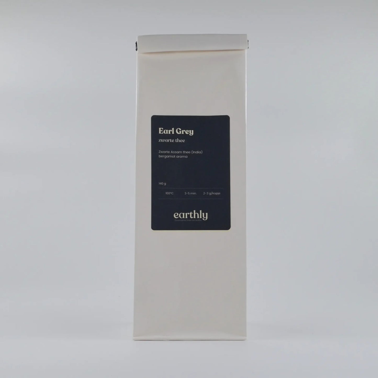 Zak Earl Grey zwarte thee met bergamot aroma, 140g, van Earthly, minimalistische verpakking
