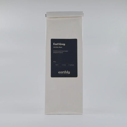 Zak Earl Grey zwarte thee met bergamot aroma, 140g, van Earthly, minimalistische verpakking