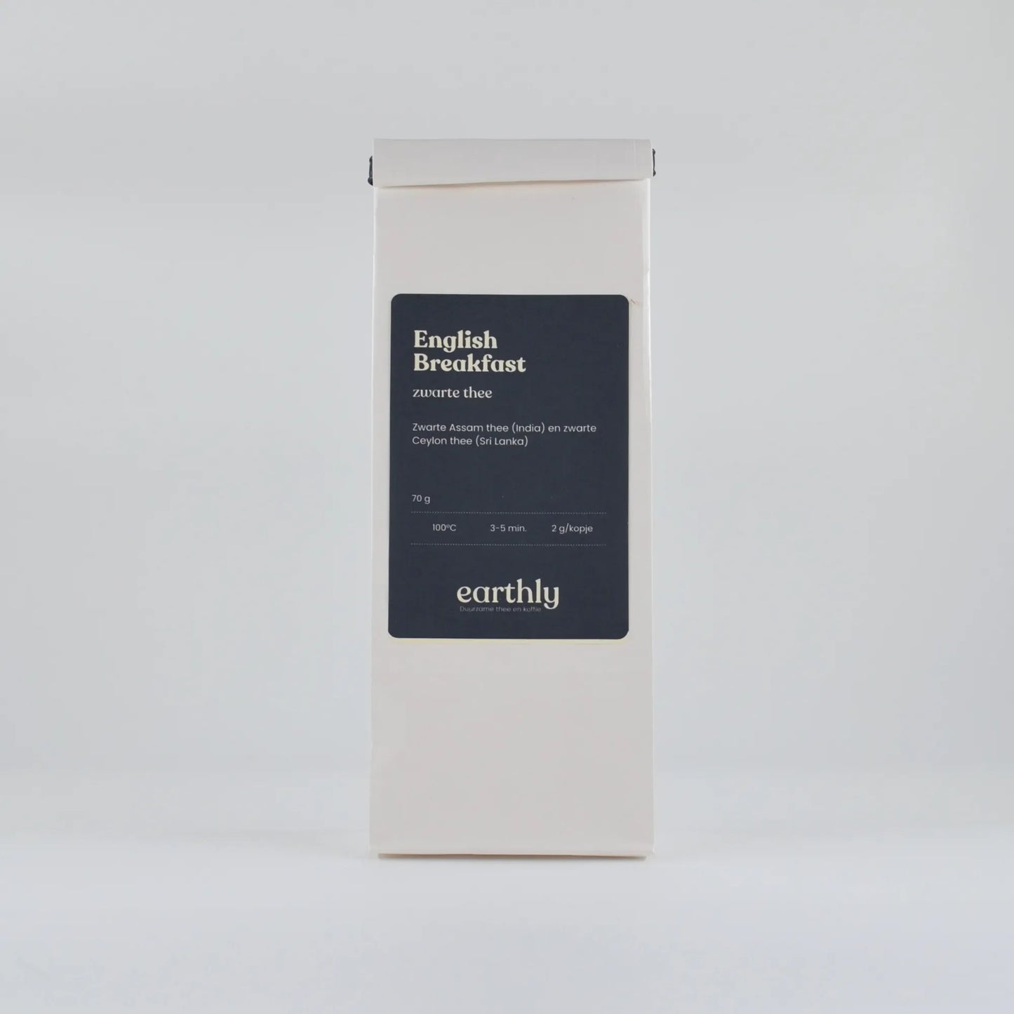 Zakje Engelse Breakfast zwarte thee van Earthly, 70g, zwarte Assam en Ceylon thee