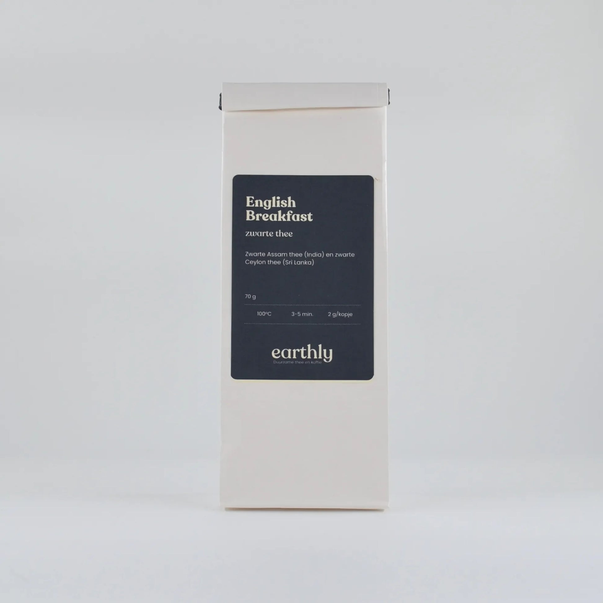 Zakje Engelse Breakfast zwarte thee van Earthly, 70g, zwarte Assam en Ceylon thee
