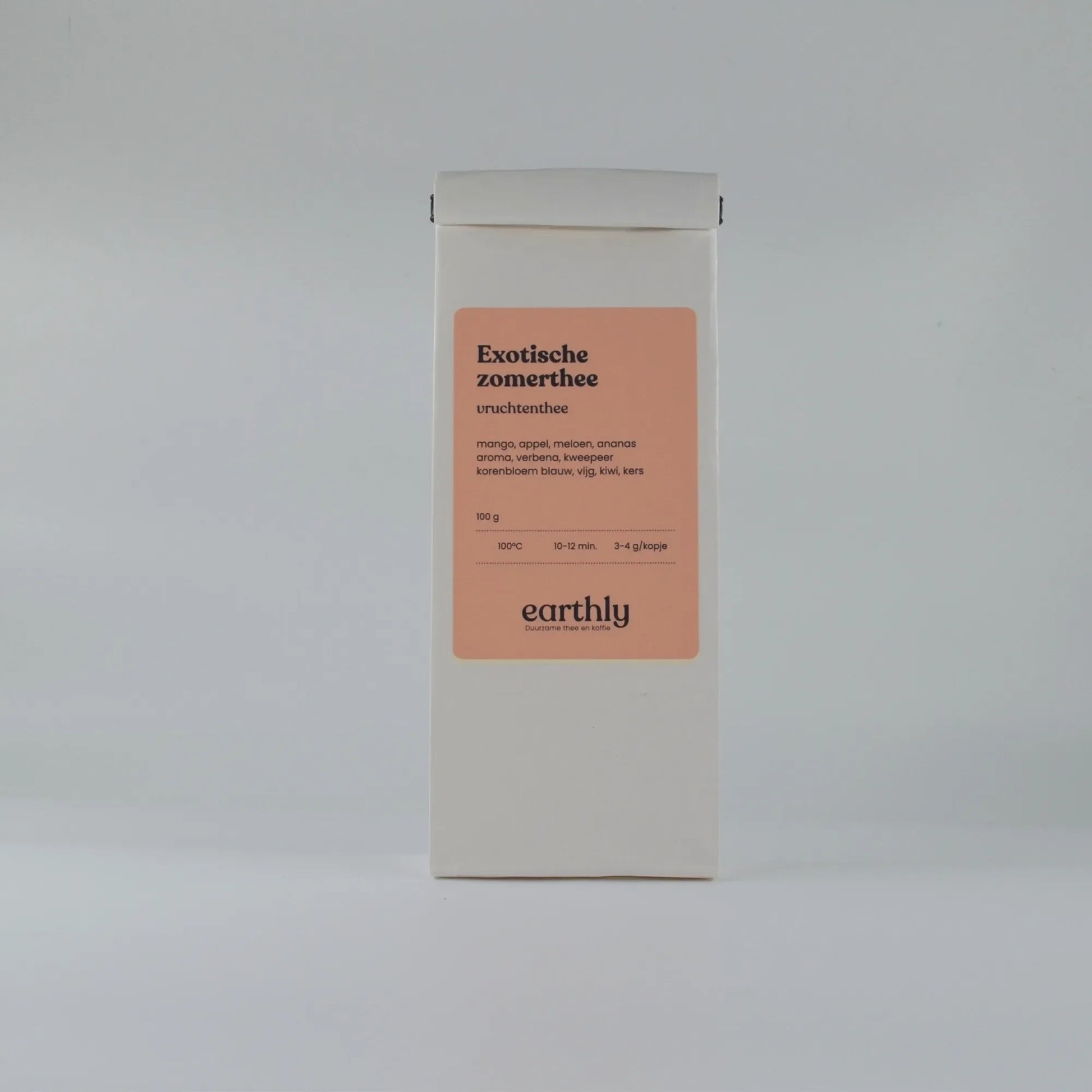 Verpakking exotische zomer thee met fruitige ingrediënten van Earthly, duurzaam en 100g