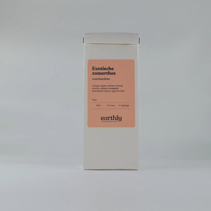 Verpakking exotische zomer thee met fruitige ingrediënten van Earthly, duurzaam en 100g