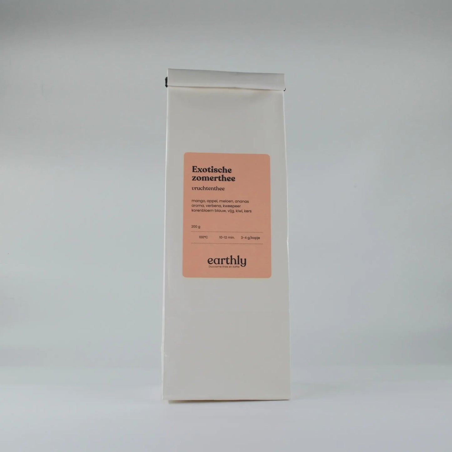 Verpakking exotische zomerthee 200g van Earthly met vruchtenthee ingrediënten en bereidingstips