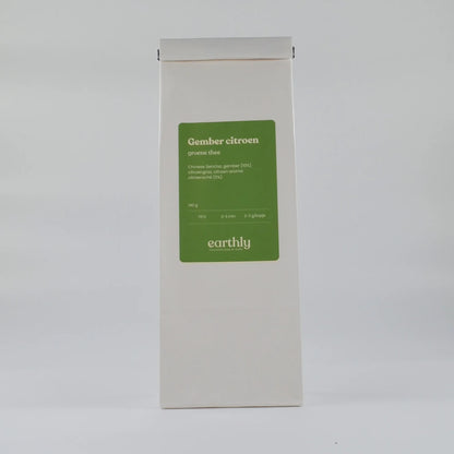 Witte verpakking groene thee met gember en citroen, Earthly merk, 140g zak