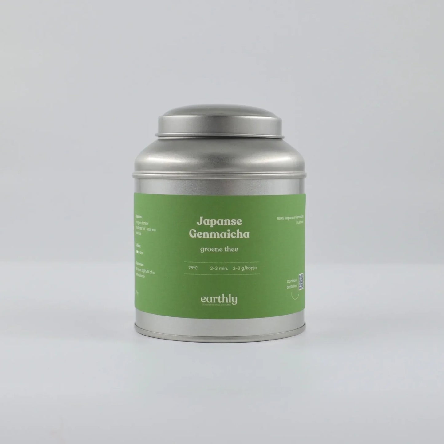 Zilveren theeblik met groene sticker, Japanse Genmaicha groene thee van Earthly
