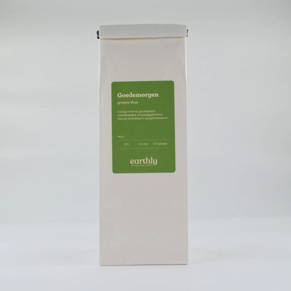 Witte verpakking groene thee Goedemorgen met groene label en aromatische ingrediënten