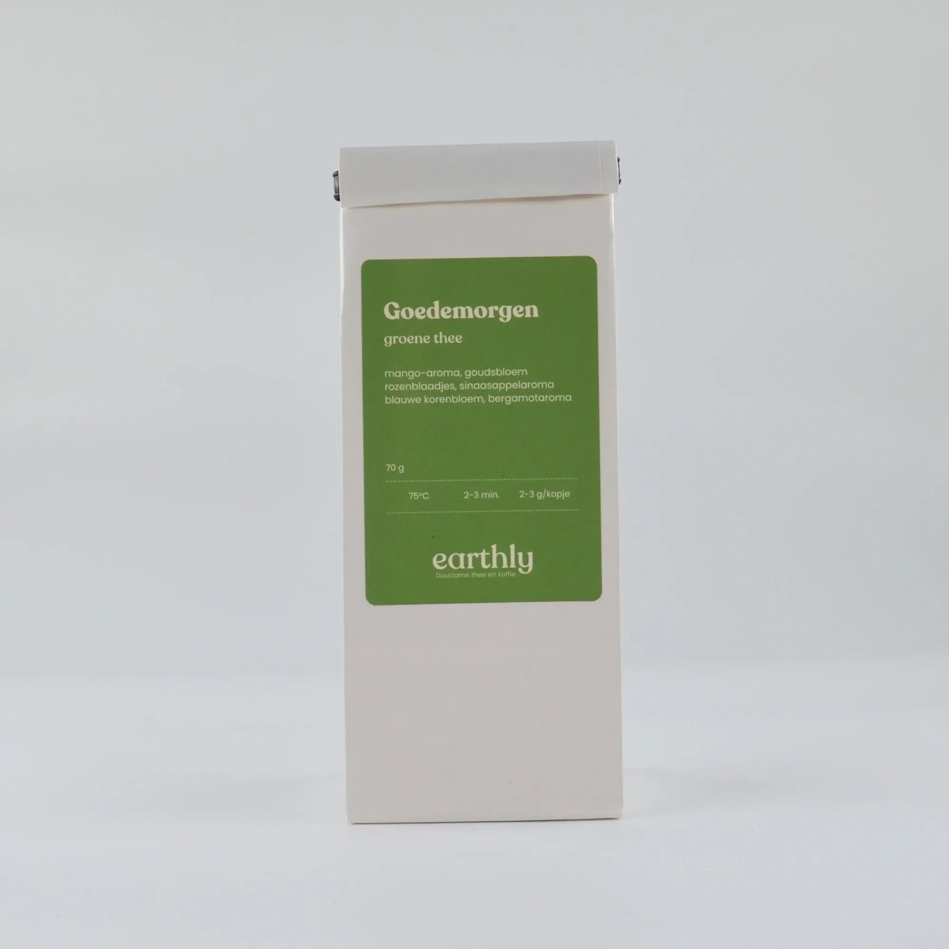 Witte verpakking groene thee Goedemorgen van Earthly, mango en sinaasappel aroma