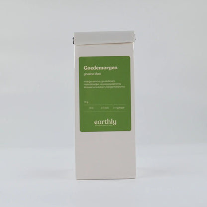 Witte verpakking groene thee Goedemorgen van Earthly, mango en sinaasappel aroma