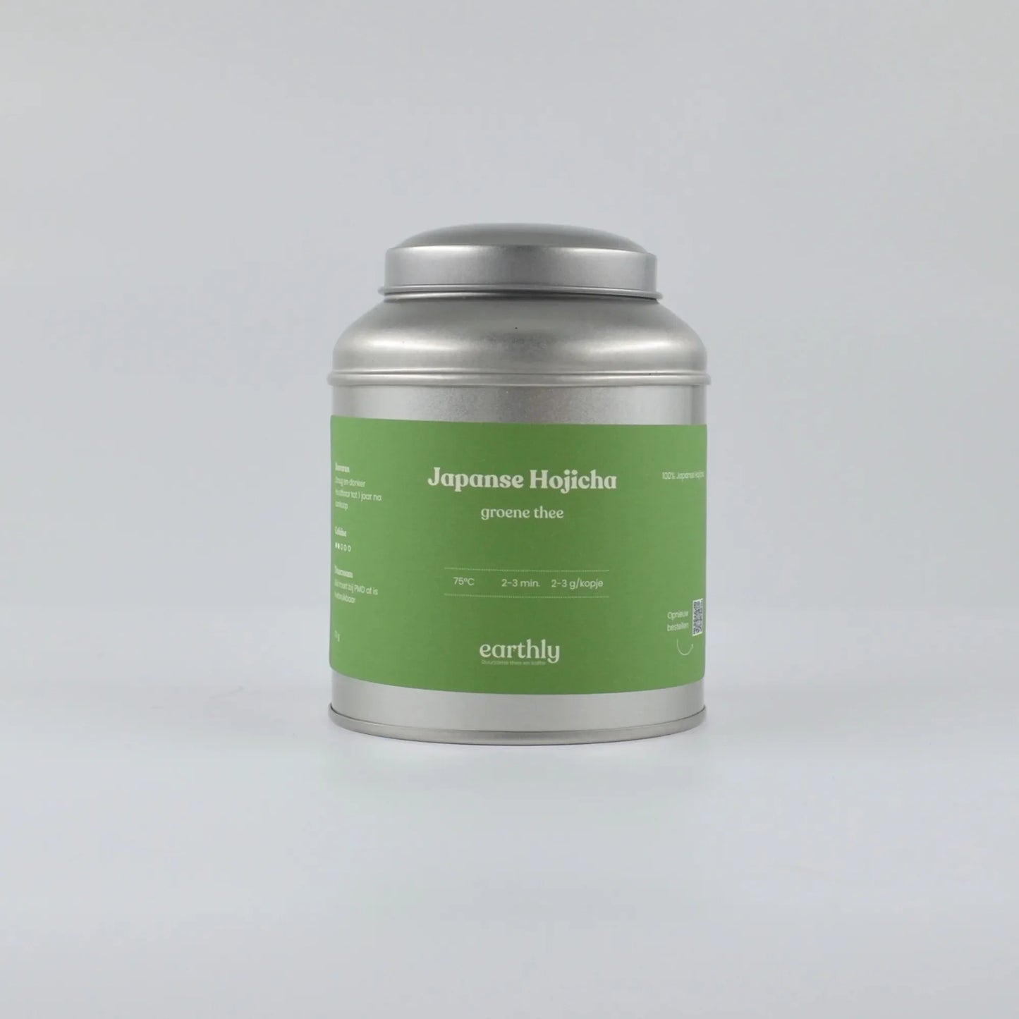 Metalen theeblik met groene label Japanese Hojicha groene thee merk Earthly