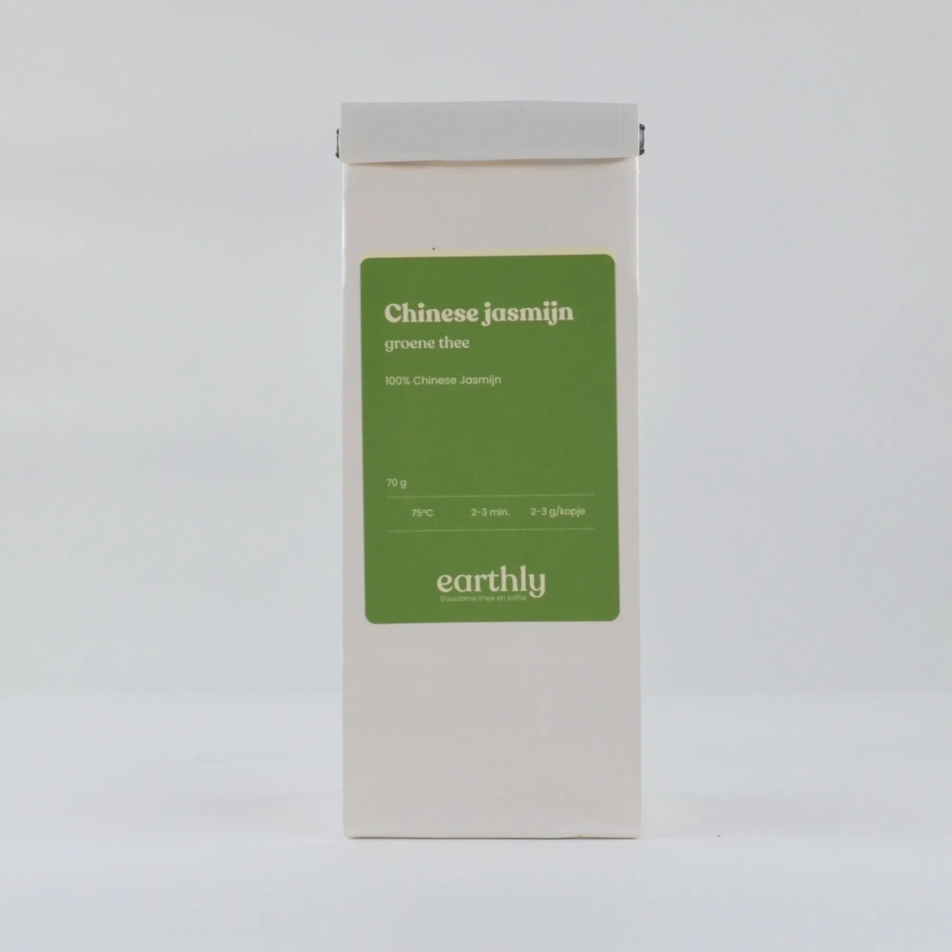 Verpakking Chinese jasmijn groene thee van Earthly met zetadvies en 70g inhoud