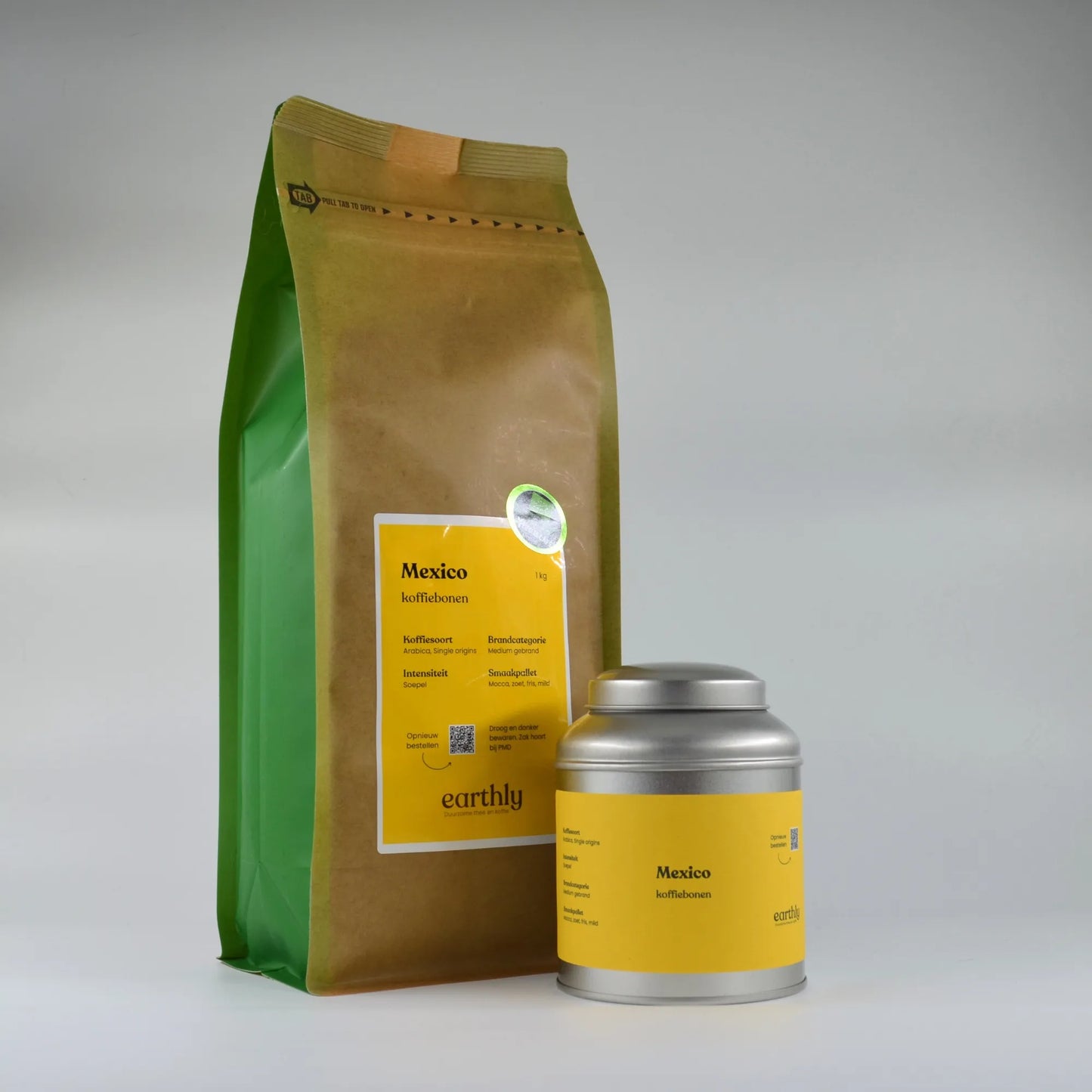 Mexico koffiebonen in groene en zilveren verpakking met geel label van Earthly
