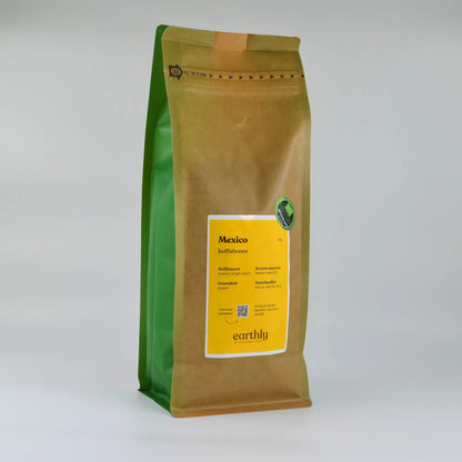 Earthly Mexico koffiebonen 1 kg verpakking met geel etiket en groene zijkanten