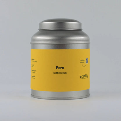 Zilverkleurig blik met gele label van Peru koffiebonen van Earthly