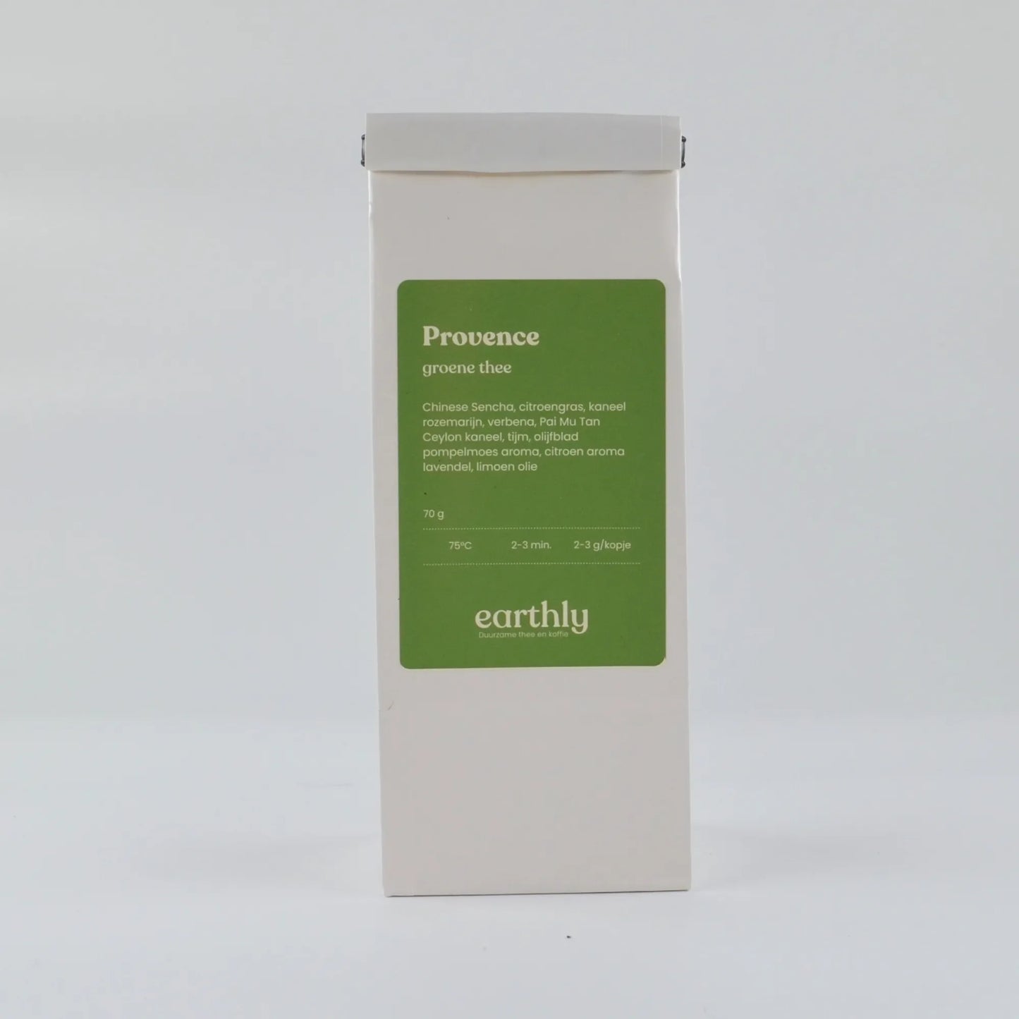 Witte verpakking groene thee Provence met ingrediënten en zetadvies op groene etiket