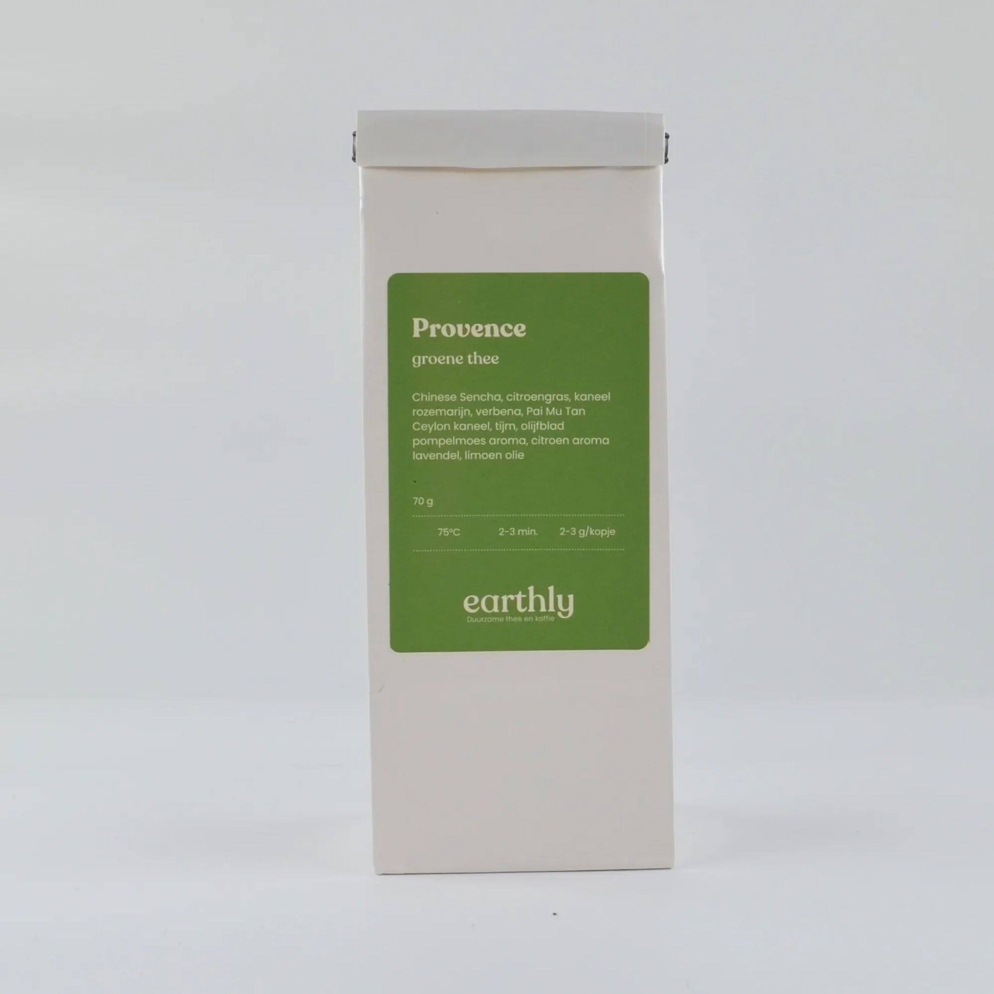 Witte verpakking groene thee Provence met ingrediënten en zetadvies op groene etiket