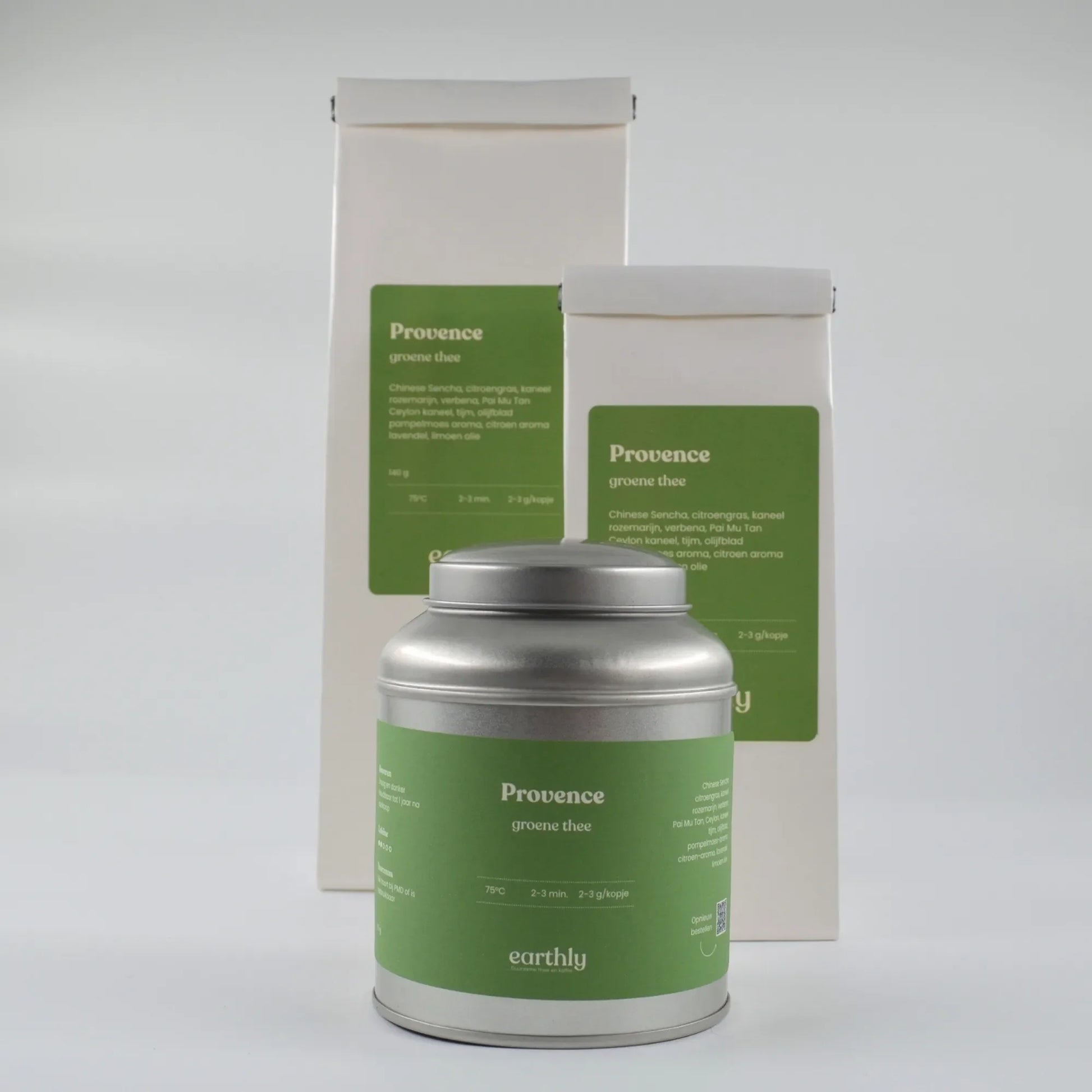 Provence groene thee verpakking van Earthly met blik en papieren zakken, groene labels en natuurlijke ingrediënten