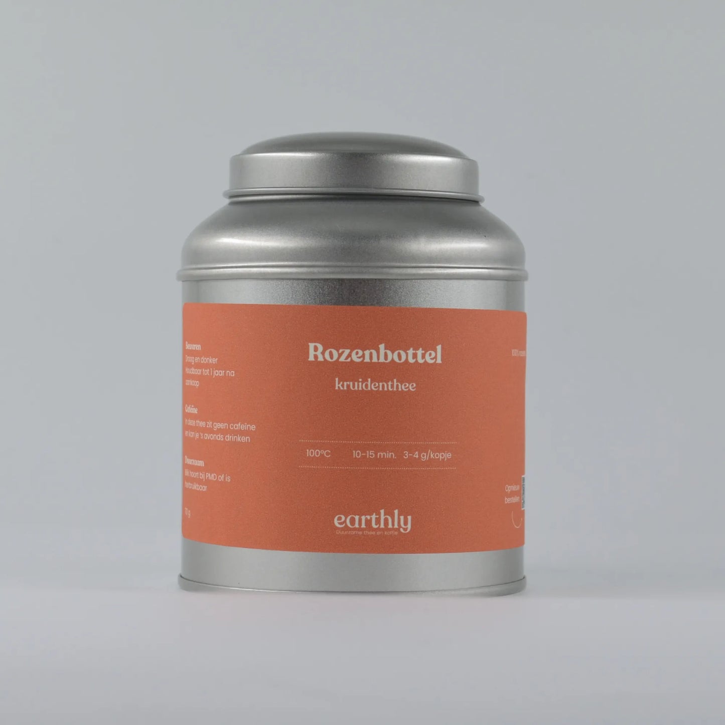 Zilverkleurig blik met oranje etiket Rozebottel kruidenthee van Earthly