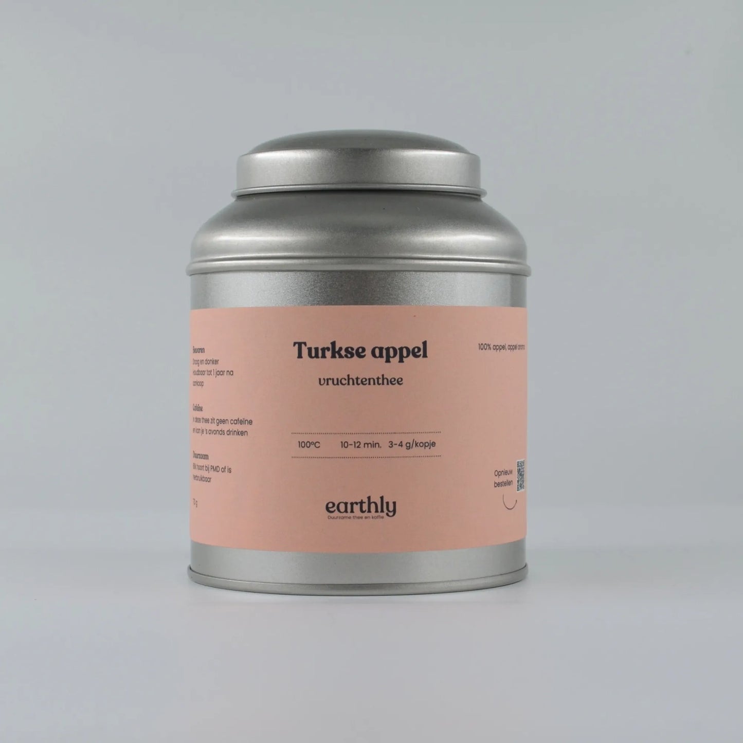 Blik met Turkse appel vruchtenthee van Earthly, zilverkleurig met roze etiket